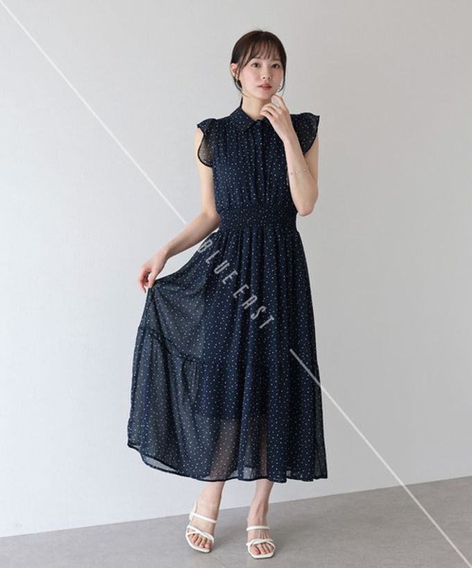 日本 BLUE EAST - 甜美雪紡束腰小荷葉短袖洋裝-碎花-象牙白 (M)