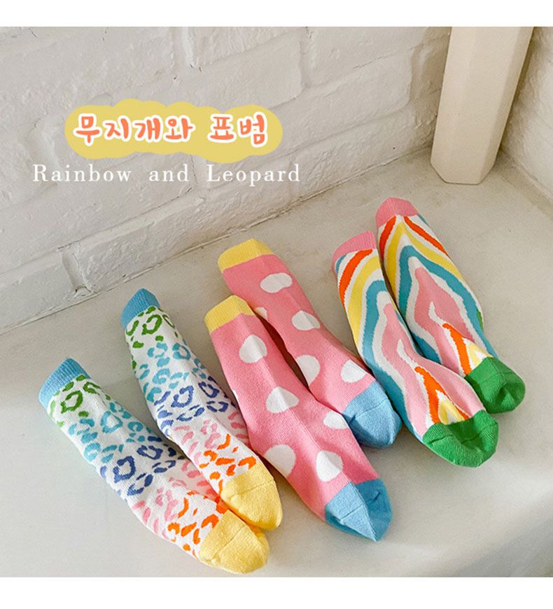 兒童中筒襪 (三入一組)-1097彩虹豹纹襪