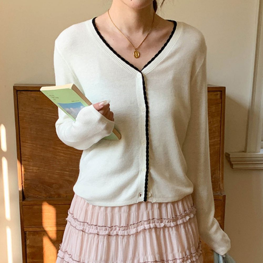 撞色鈎花顯瘦V領長袖針織外套-白 (F)