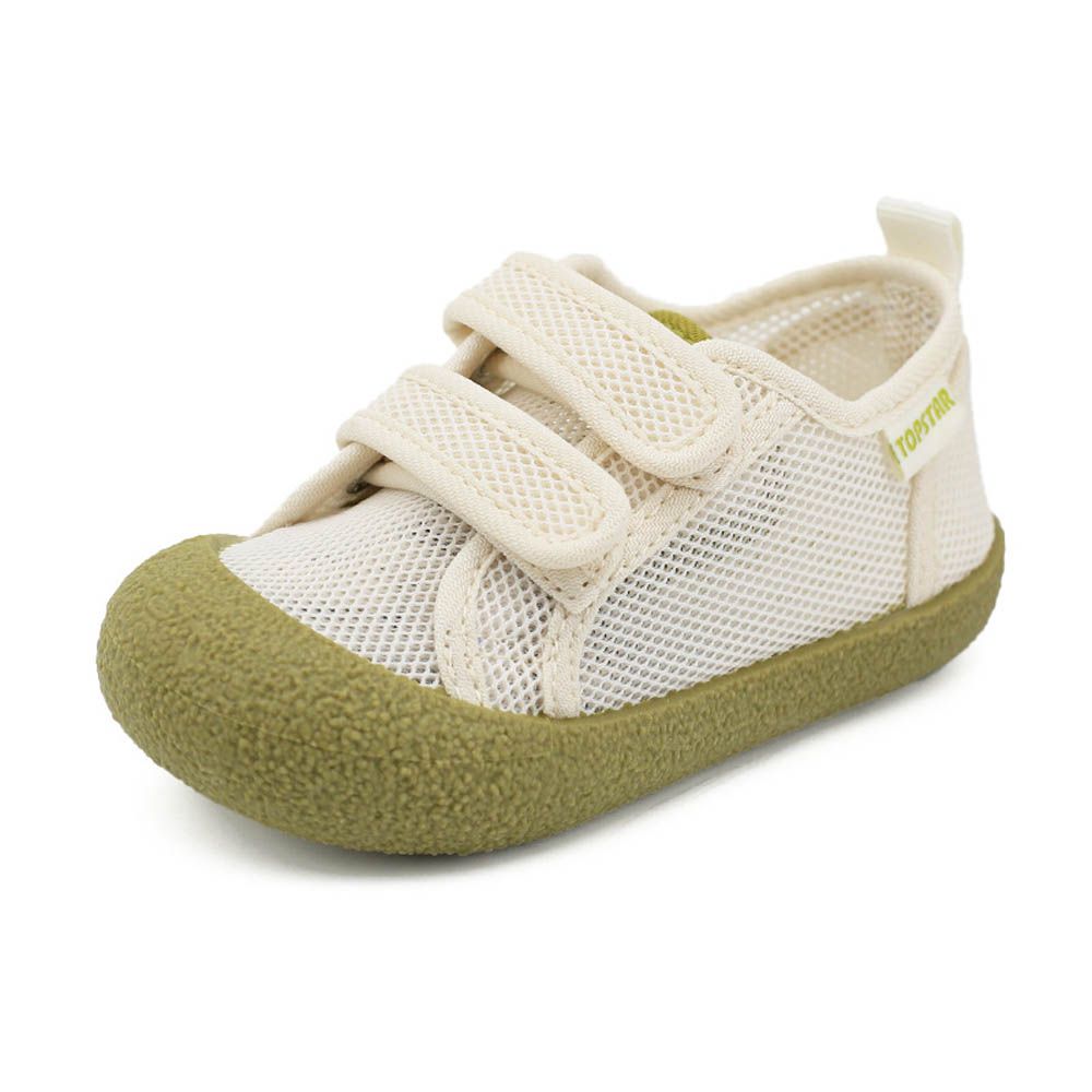 防撞安全止滑透氣網狀休閒鞋/室內鞋-米色綠底