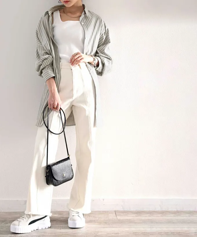 日本 Classical Elf - 胸前刺繡直條紋率性長袖襯衫-深灰