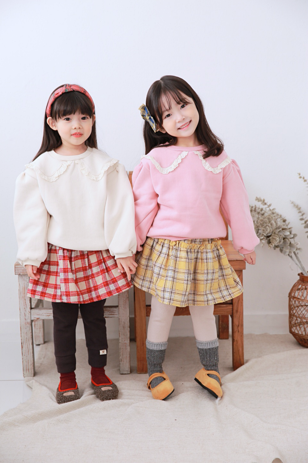 韓國 Dalla - 縮緊帶學院風格子短裙-黃