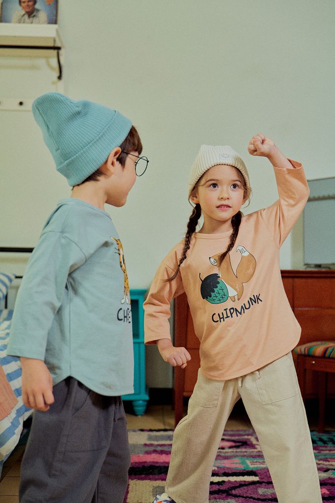 韓國 First Blue - 動物印花長袖上衣-松鼠-淺橘杏