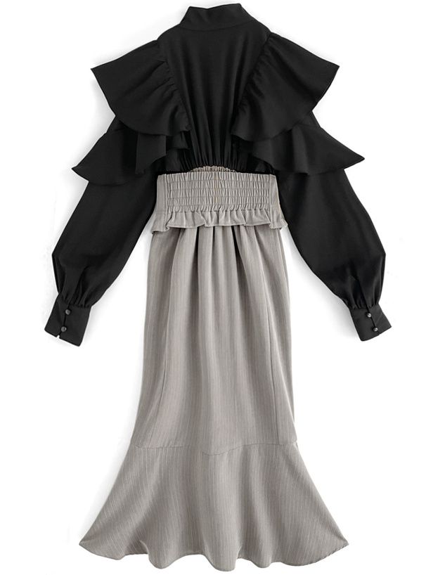 日本 GRL - 雜誌掲載 荷葉層次拼接高腰魚尾洋裝-黑x灰