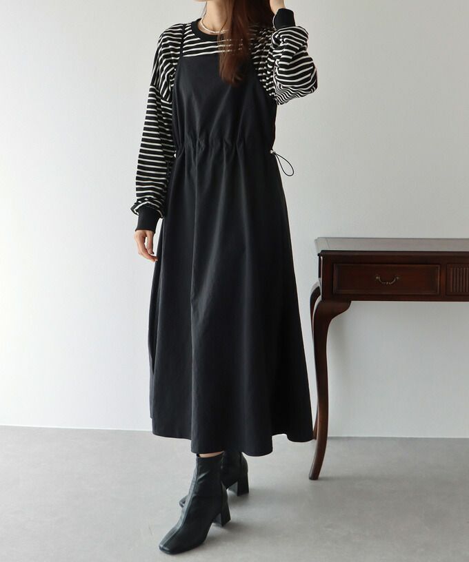 日本 BLUE EAST - 工裝風抽繩縮腰吊帶裙-卡其