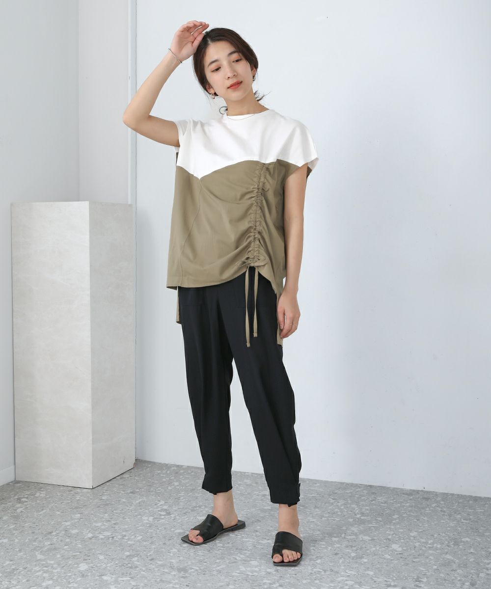 日本 Bab - 撞色拼接抽繩法式袖上衣-白