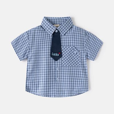 WELLKIDS - 純棉休閒翻領短袖襯衫-小領帶-藍色格紋