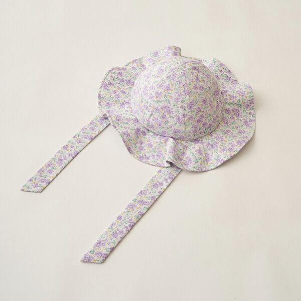 日本 Lycee mine - 大帽沿垂墜緞帶遮陽帽-碎花-紫