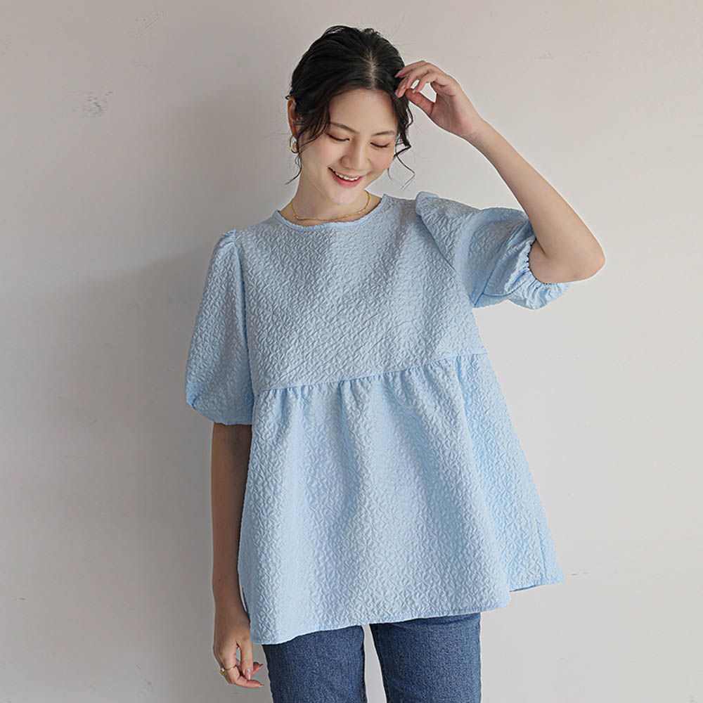 甜美減齡後綁帶泡泡袖上衣-藍色