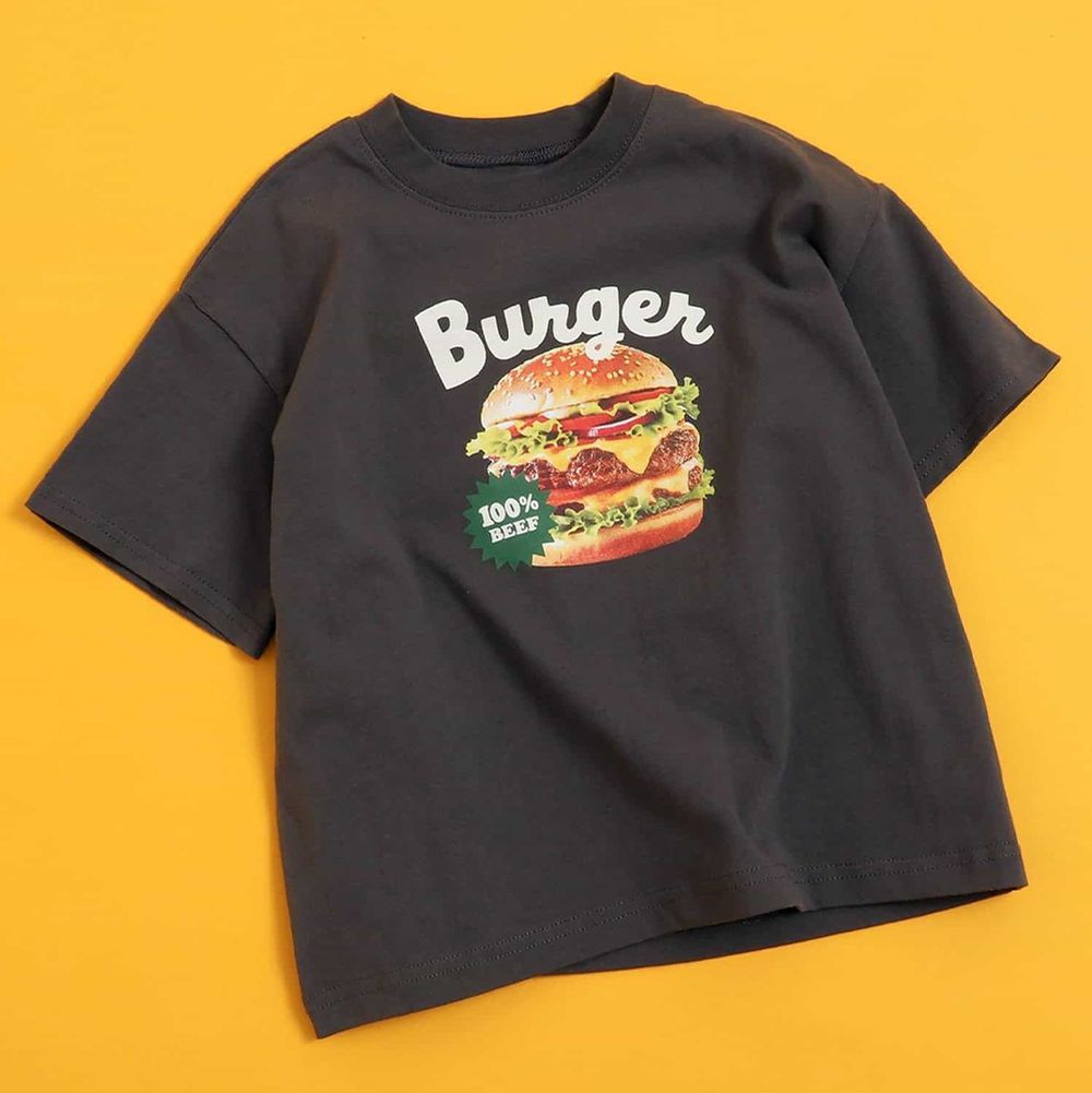 可愛食物印花短袖上衣-三層漢堡-炭灰