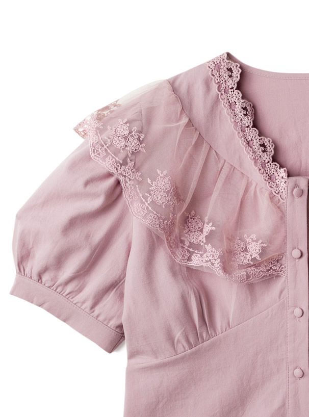 日本 GRL - 浪漫花蕾絲泡泡短袖排釦襯衫-白