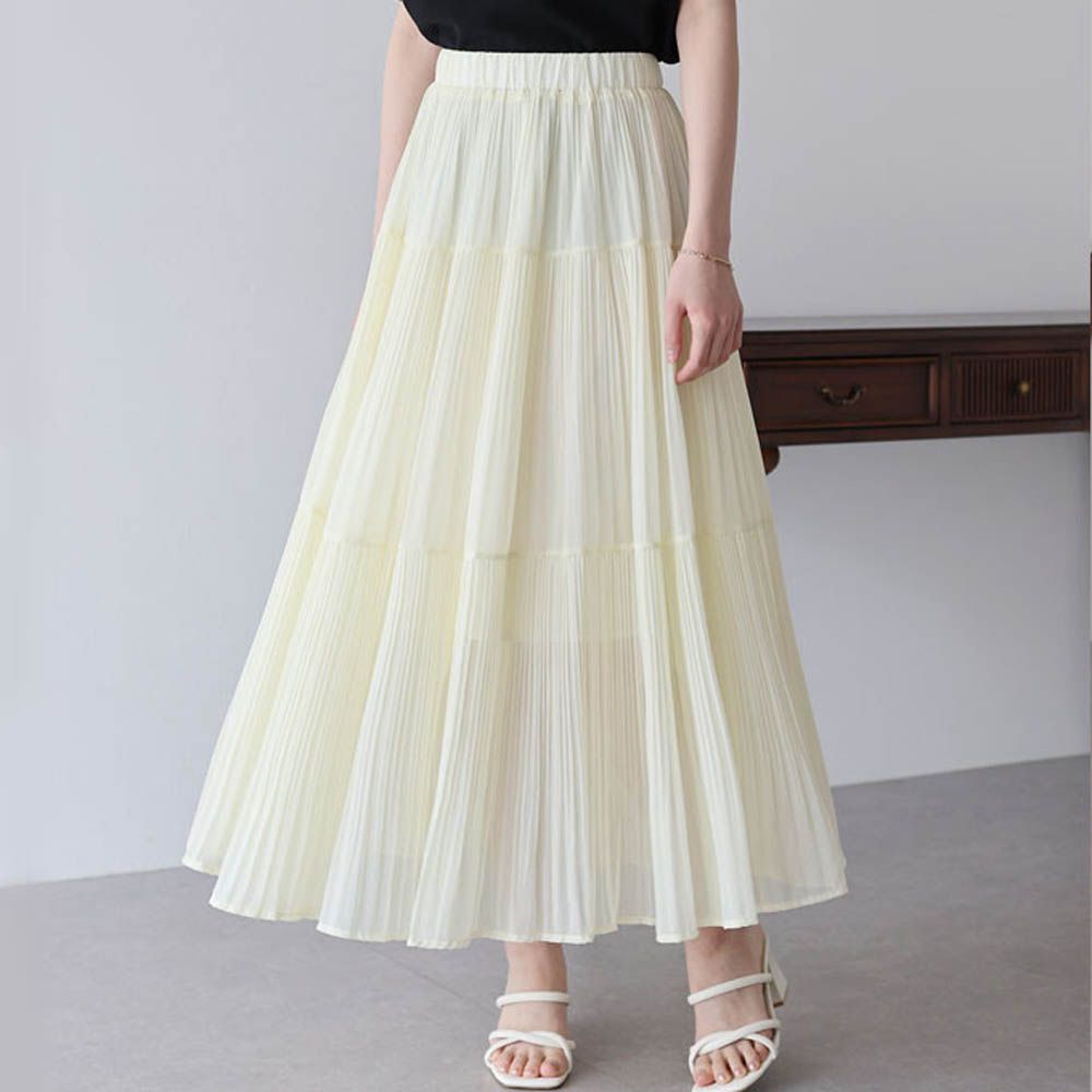 優雅細摺雪紡分層鬆緊長裙-米白 (M)