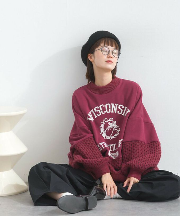 日本 Lupilien - 鬥牛犬印花粗針織拼接裏毛長袖上衣-酒紅