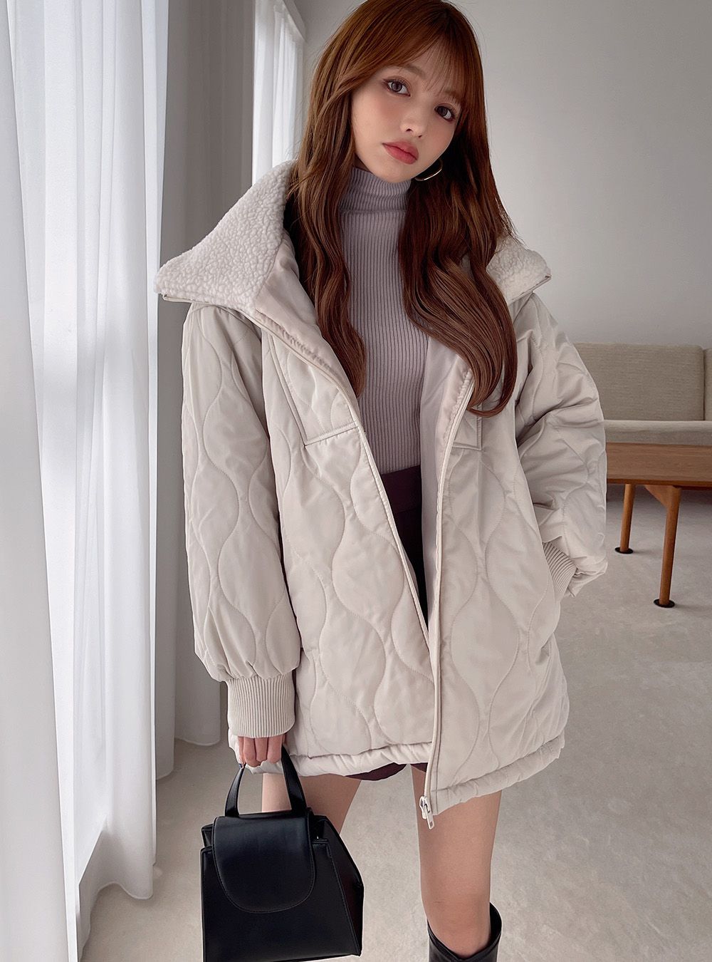 日本 GRL - 絎縫翻領鋪棉保暖外套/大衣-黑