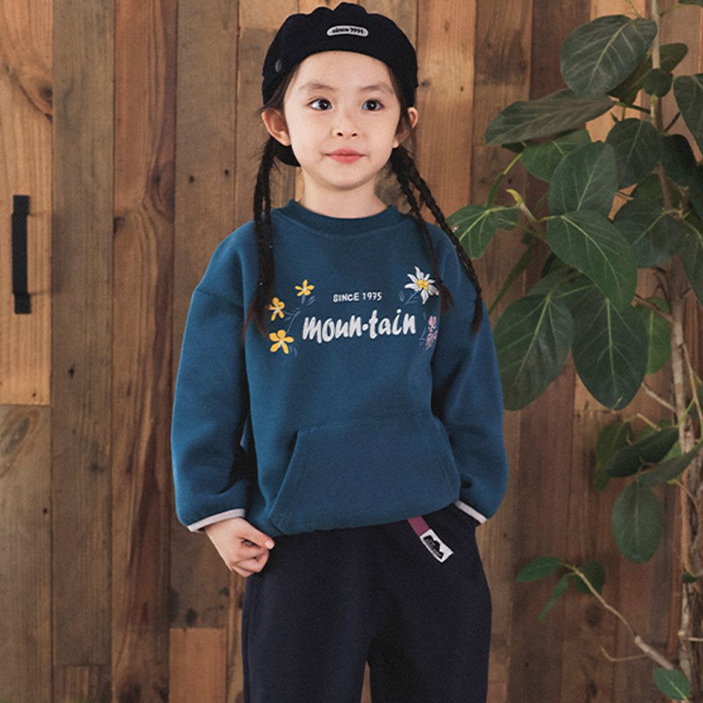 加絨前口袋長袖上衣/大學T-藍綠色