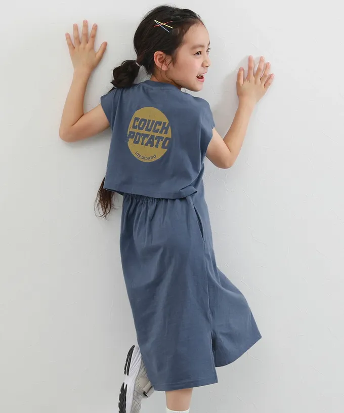 日本 devirock - 背後開口美式印花短袖洋裝-煙燻藍