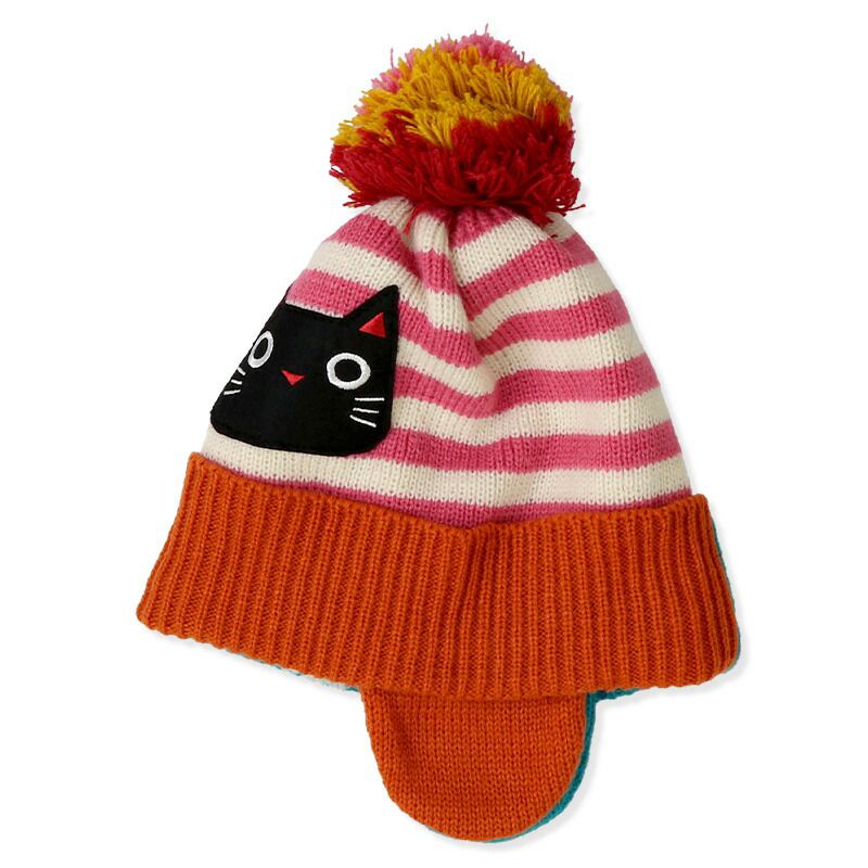 日本 ZOOLAND - 防寒刷毛保暖針織毛帽-小貓條紋撞色-粉x橘 (頭圍(50-54cm))