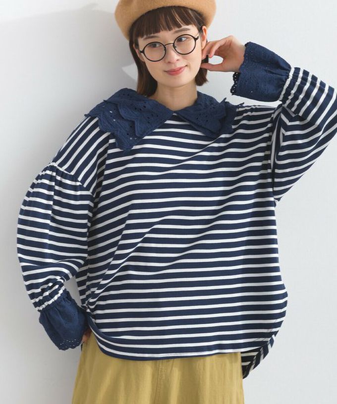 日本 Lupilien - 精緻蕾絲領落肩喇叭袖上衣-米杏