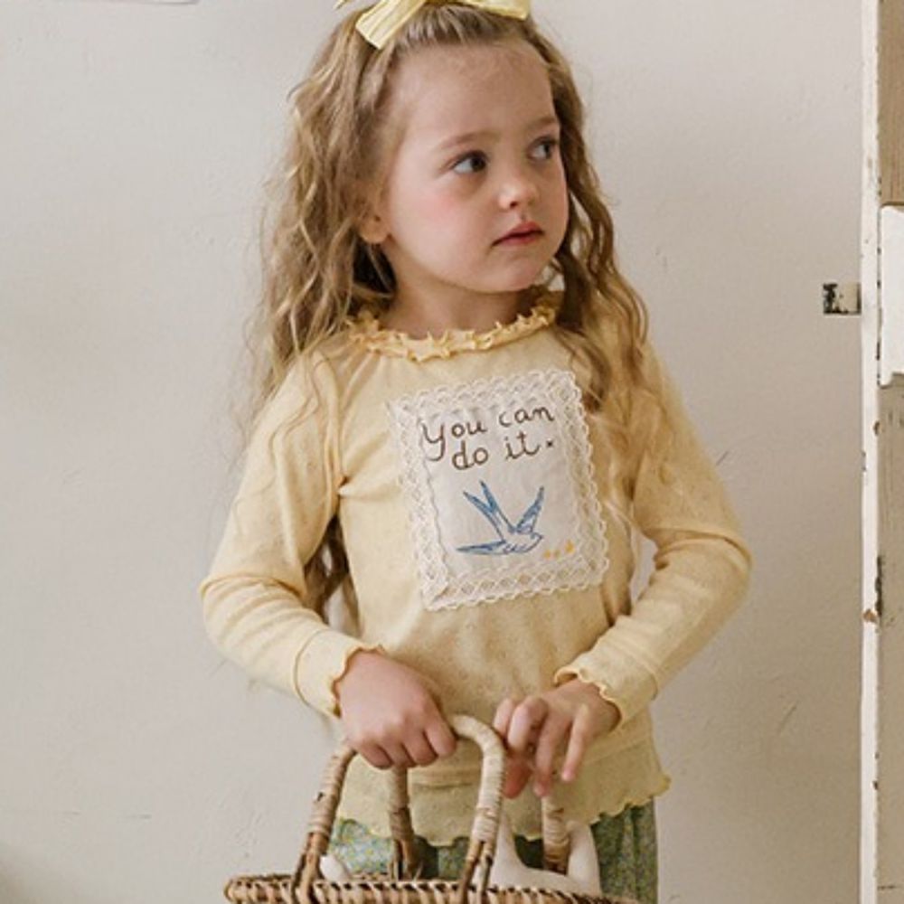 Puellaflo 浪漫花邊復古蕾絲布章長袖上衣-淺黃