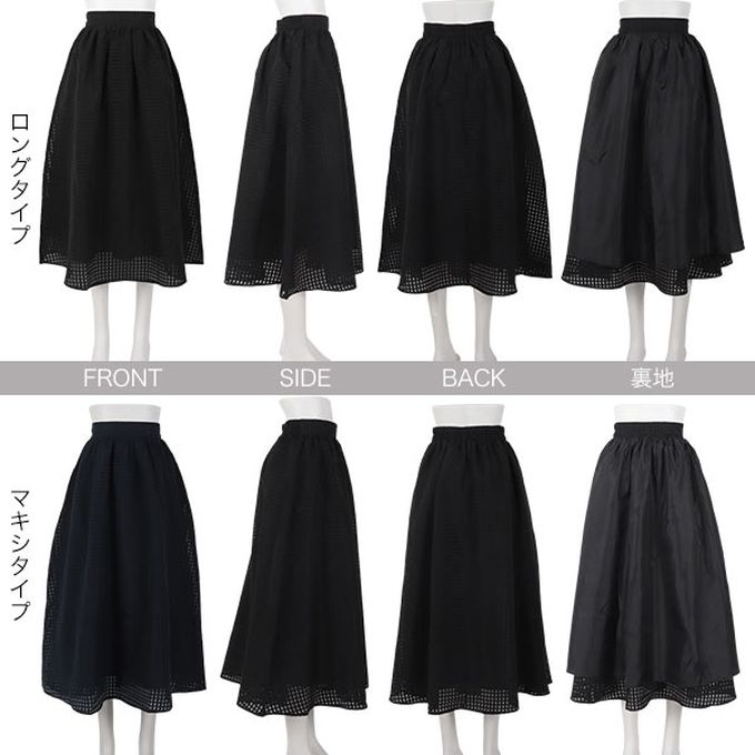 日本 Kobe Lettuce - 清爽透明格子鬆緊長裙(有口袋)-可選長度-黑