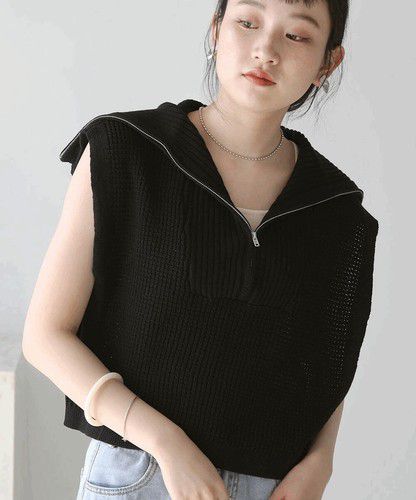 日本 Bou Jeloud - 拉鍊翻領針織背心-黑