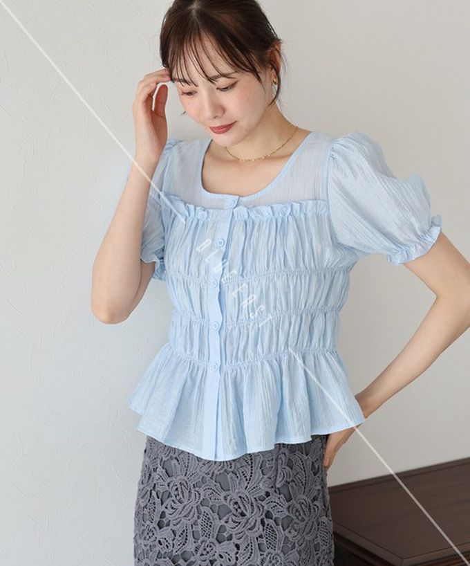 日本 BLUE EAST - 顯瘦皺摺荷葉泡泡短袖上衣-白