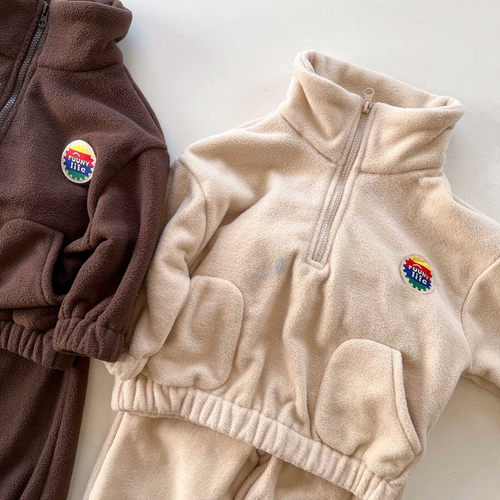 搖粒絨拉鍊休閒套裝-粉橘色