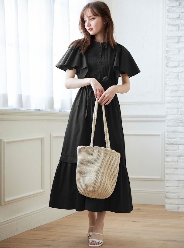 日本 GRL - 文藝復古荷葉袖收腰洋裝-淺卡其