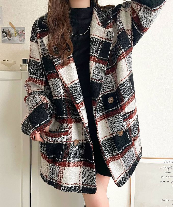 日本 Classical Elf - 亮麗格紋翻領廓形中長版大衣-焦糖棕