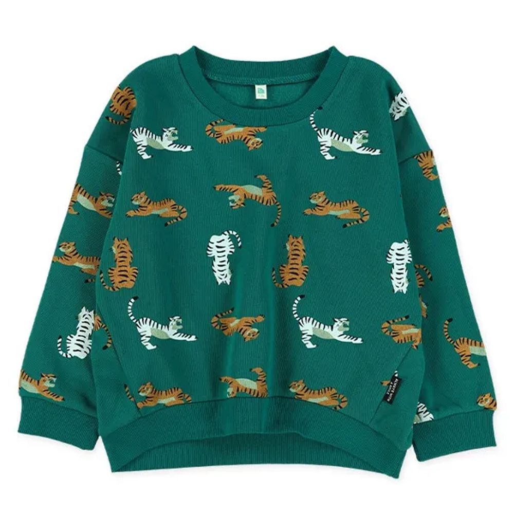 滿版個性風裏起毛長袖上衣-老虎-濃綠