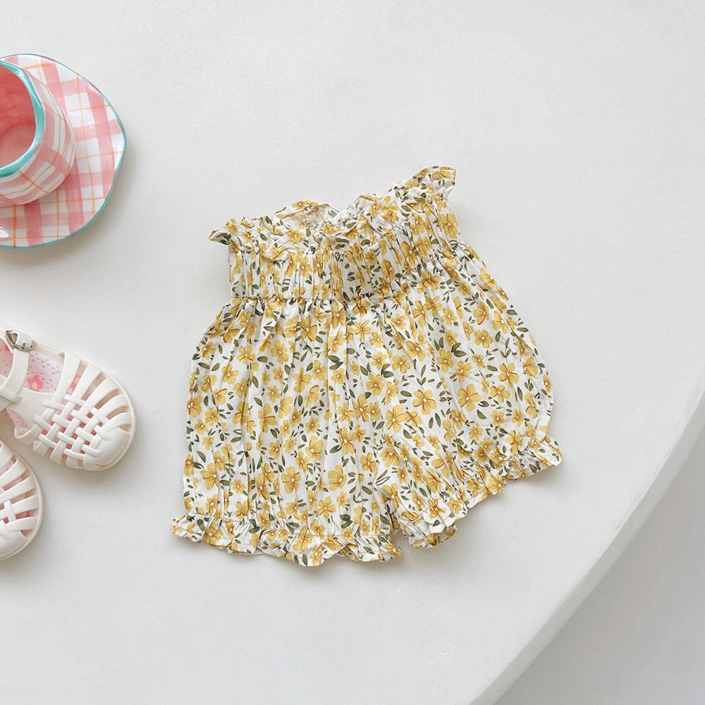 腰鬆緊休閒碎花燈籠短褲-小碎花-黑+白