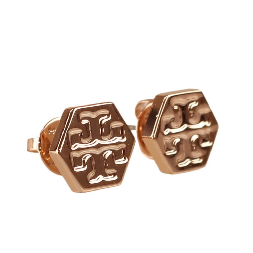 六角形壓印雙T-LOGO造型耳環 (玫瑰金)