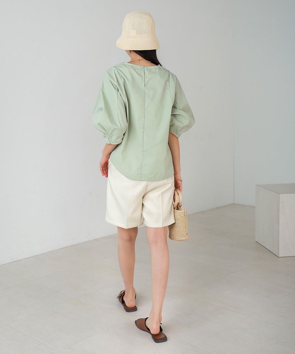日本 Bab - 圓領百搭氣球袖上衣-淺綠