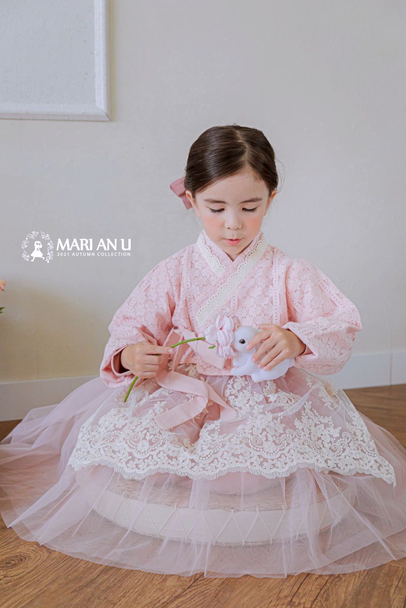 韓國 Mari an u - 透膚蕾絲裝飾網紗韓服-粉紅
