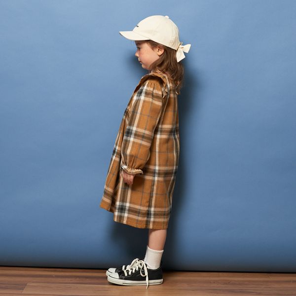 日本 Lycee mine - 法蘭絨浪漫細節長袖洋裝-卡其格紋