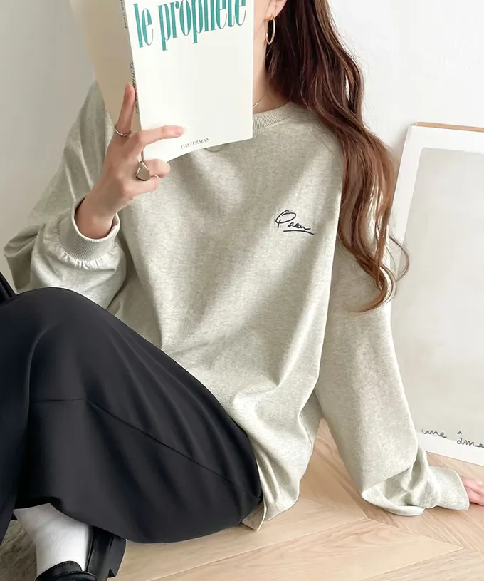 日本 Classical Elf - 胸口簡約刺繡純棉長袖上衣-灰粉