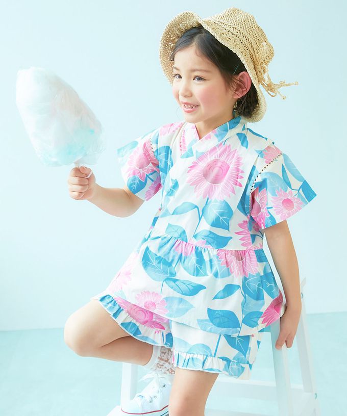 日本 devirock - [推薦]夢幻女孩荷葉邊甚平套裝-小花-淺粉