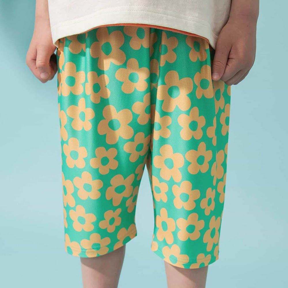 透氣舒適網眼印花七分褲-滿版花朵-綠