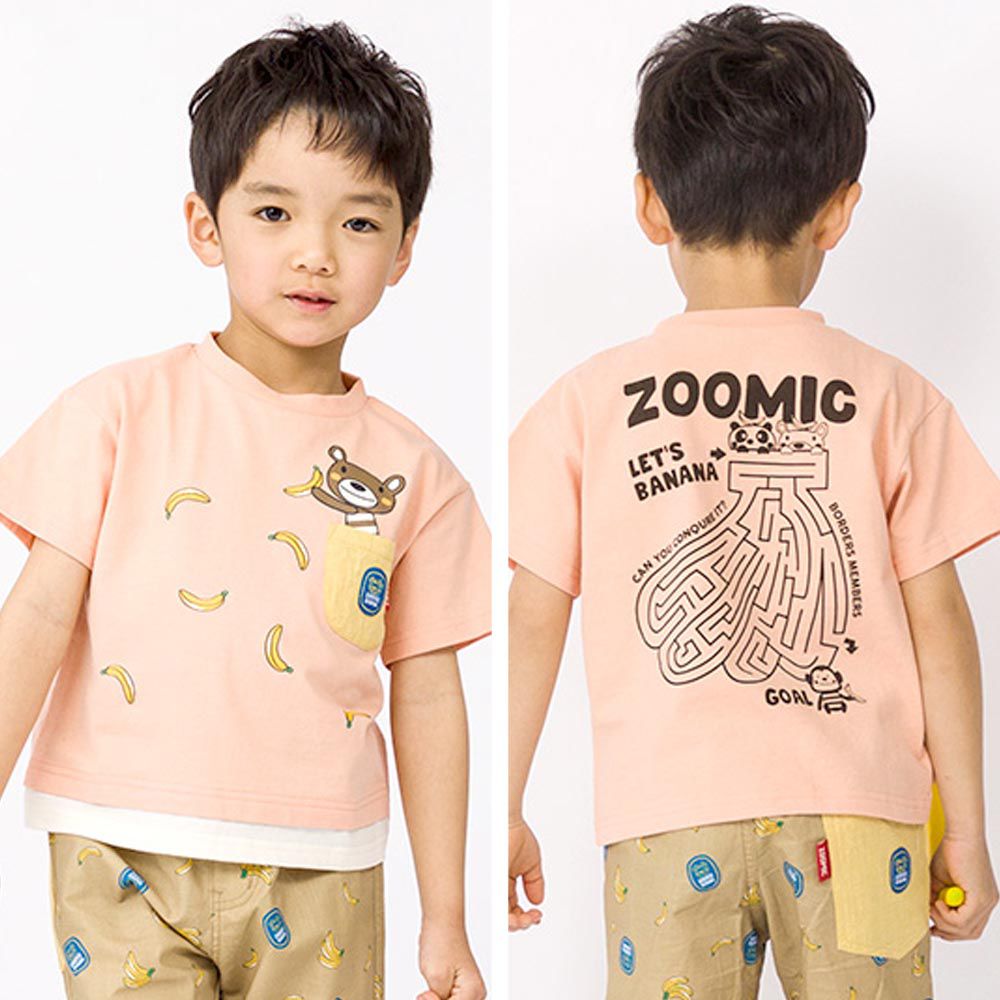 日本 ZOOLAND - 印花口袋純棉短袖上衣-小熊香蕉-嫩橘