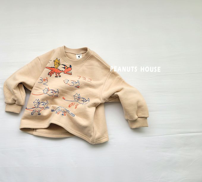 韓國 Peanuts House - (內磨毛)手繪噴火龍長袖上衣-深藍