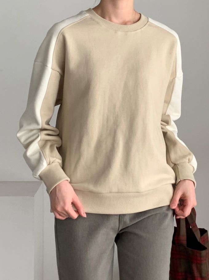 韓國女裝連線 - 撞色設計內磨毛大學T-卡其X米白 (FREE)