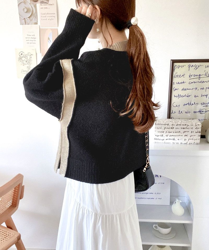 日本 Classical Elf - 撞色拼接寬鬆落肩毛衣-黑x杏