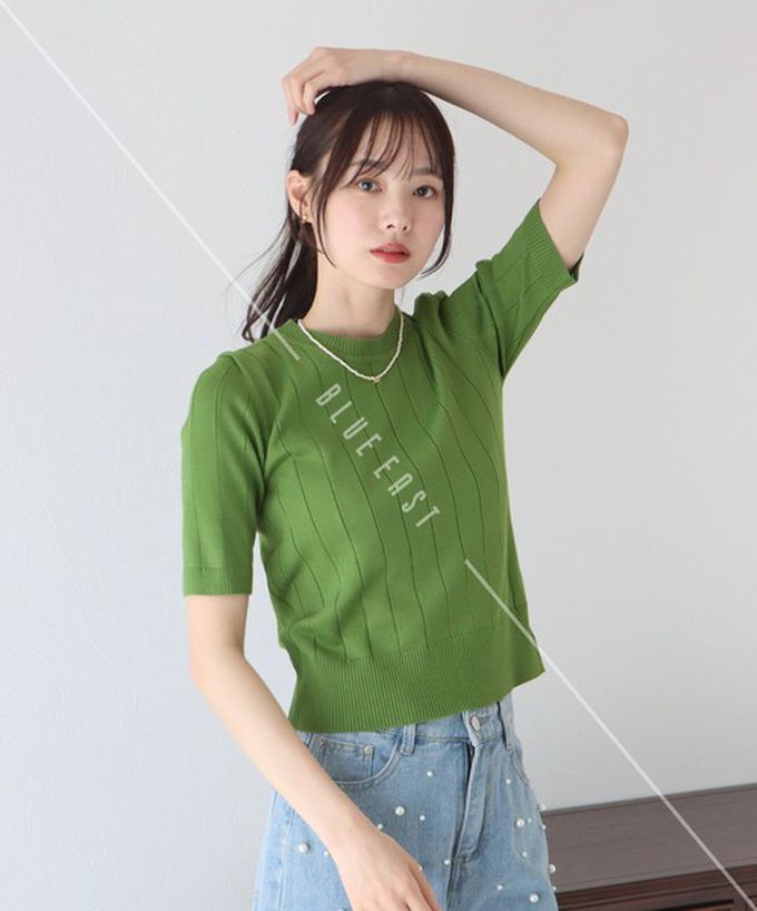 日本 BLUE EAST - 羅紋彈性薄針織五分袖上衣-淺卡其