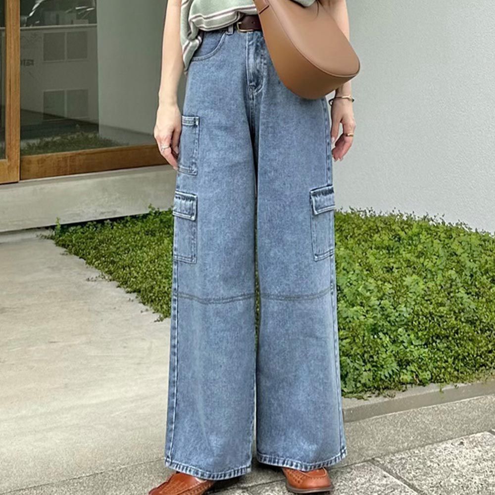 日本 GRL - 工裝風刷色寬版廓形牛仔褲-藍