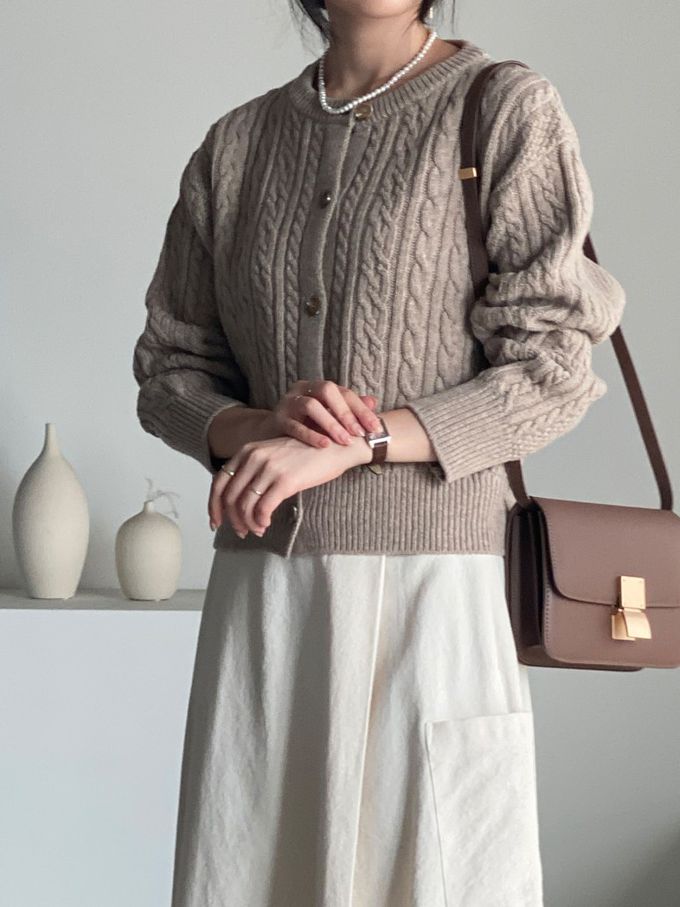 韓國女裝連線 - 麻花捲鈕扣無領針織外套-摩卡咖 (FREE)