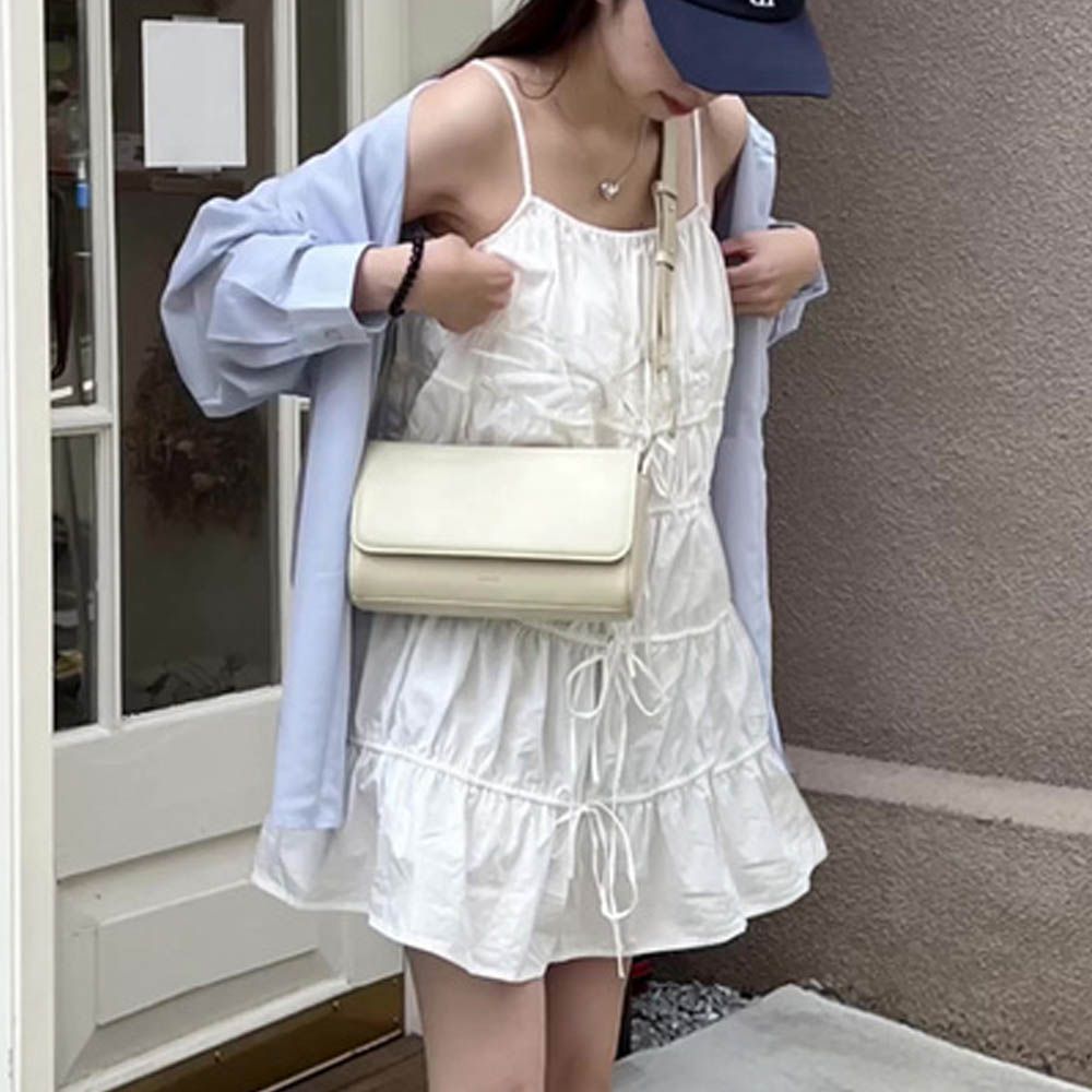 分層皺褶細肩帶短洋裝/短上衣-白 (F)