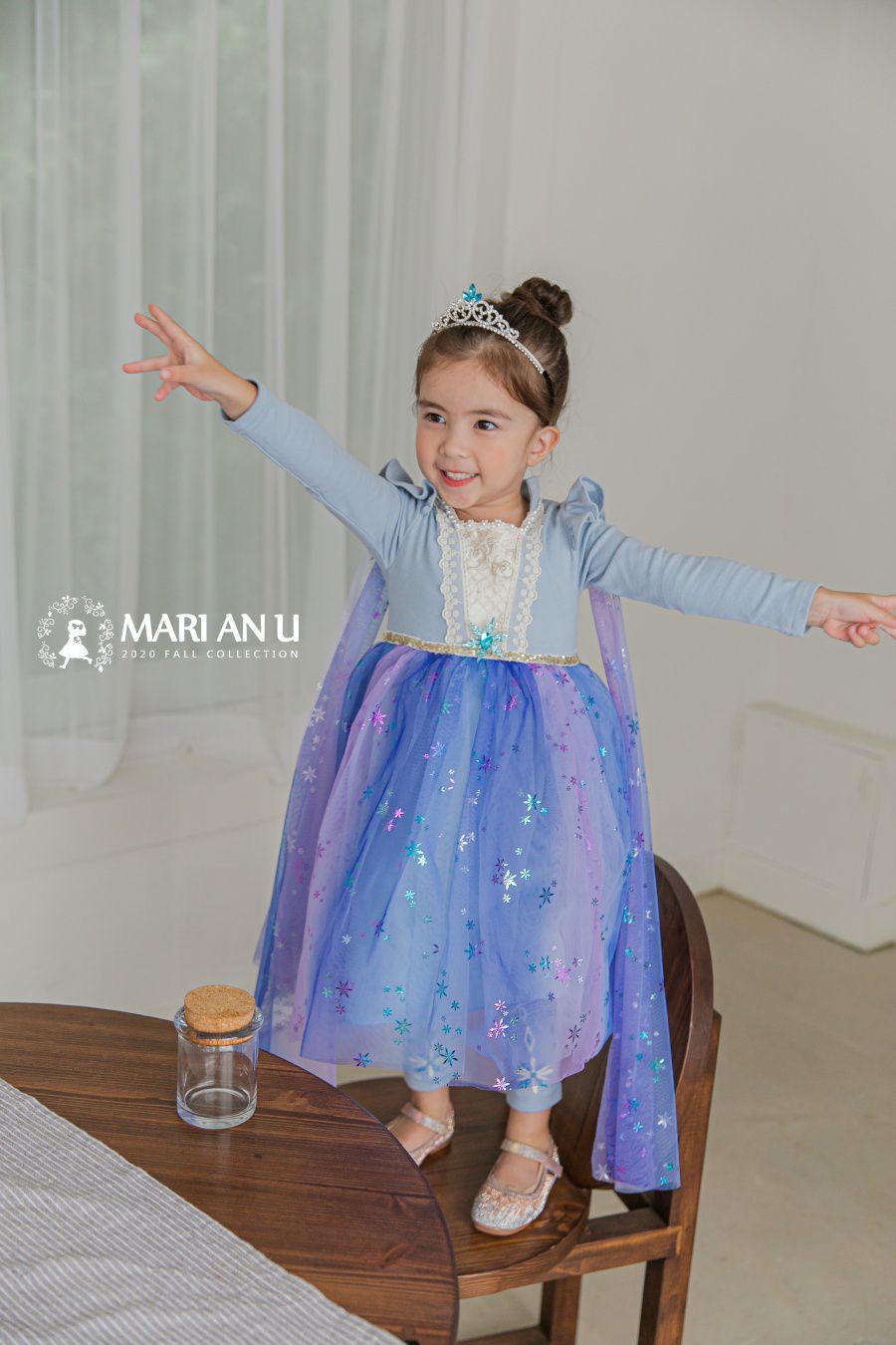 韓國 mari an u - 冰雪女王艾莎洋裝(披風可拆)-冰湖藍