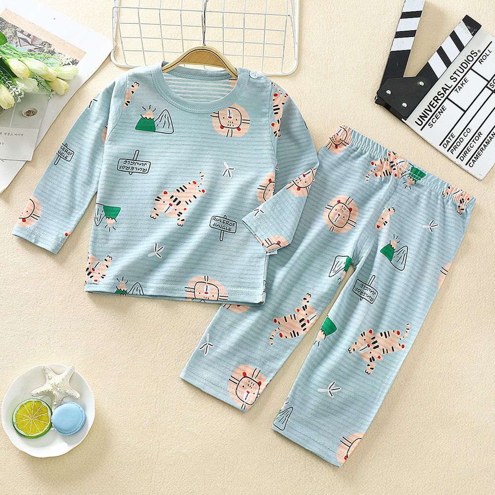 超薄款竹節棉睡衣家居服長袖套裝-叢林動物