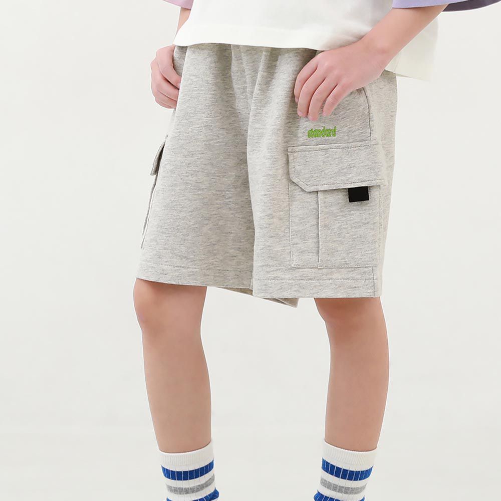 日本 devirock - 大口袋工裝純棉寬版短褲-淺灰