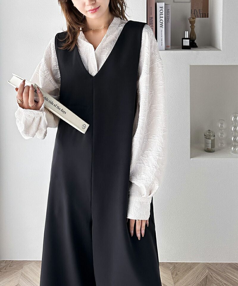 日本 Classical Elf - 前後穿V領垂墜感綁腰休閒寬褲-黑